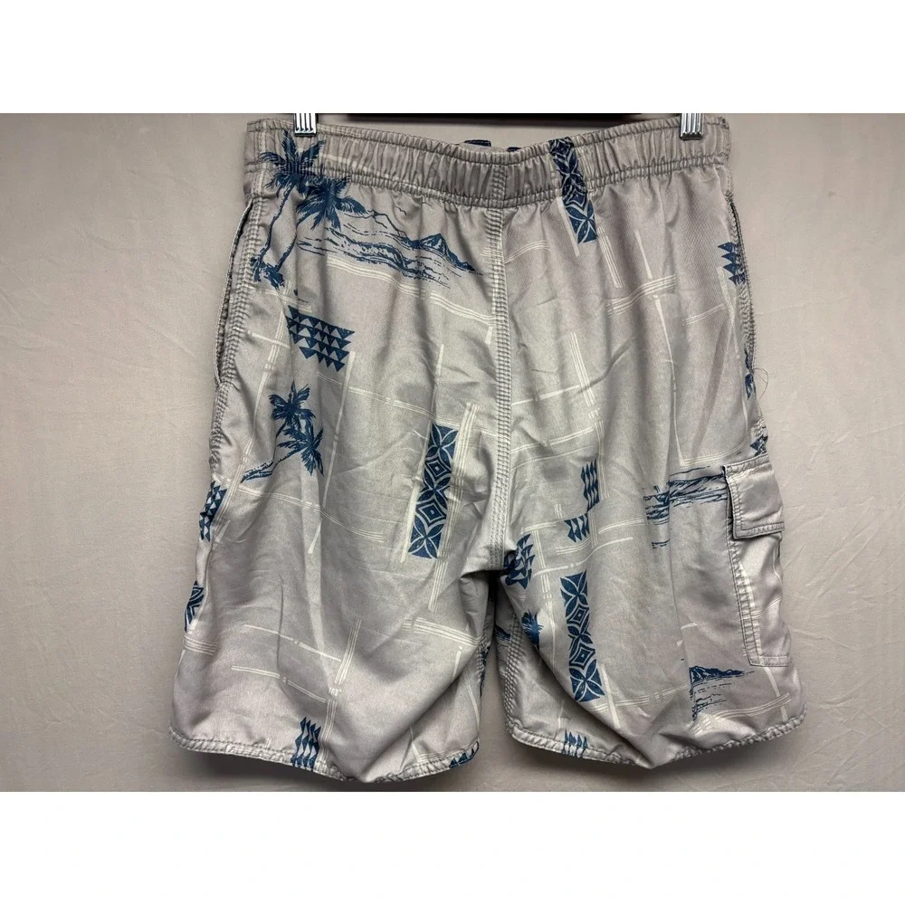 Quiksilver Board Shorts Mens Gray Blue Palm Tree Lace-Up Hawaiian Beach 30 Waist